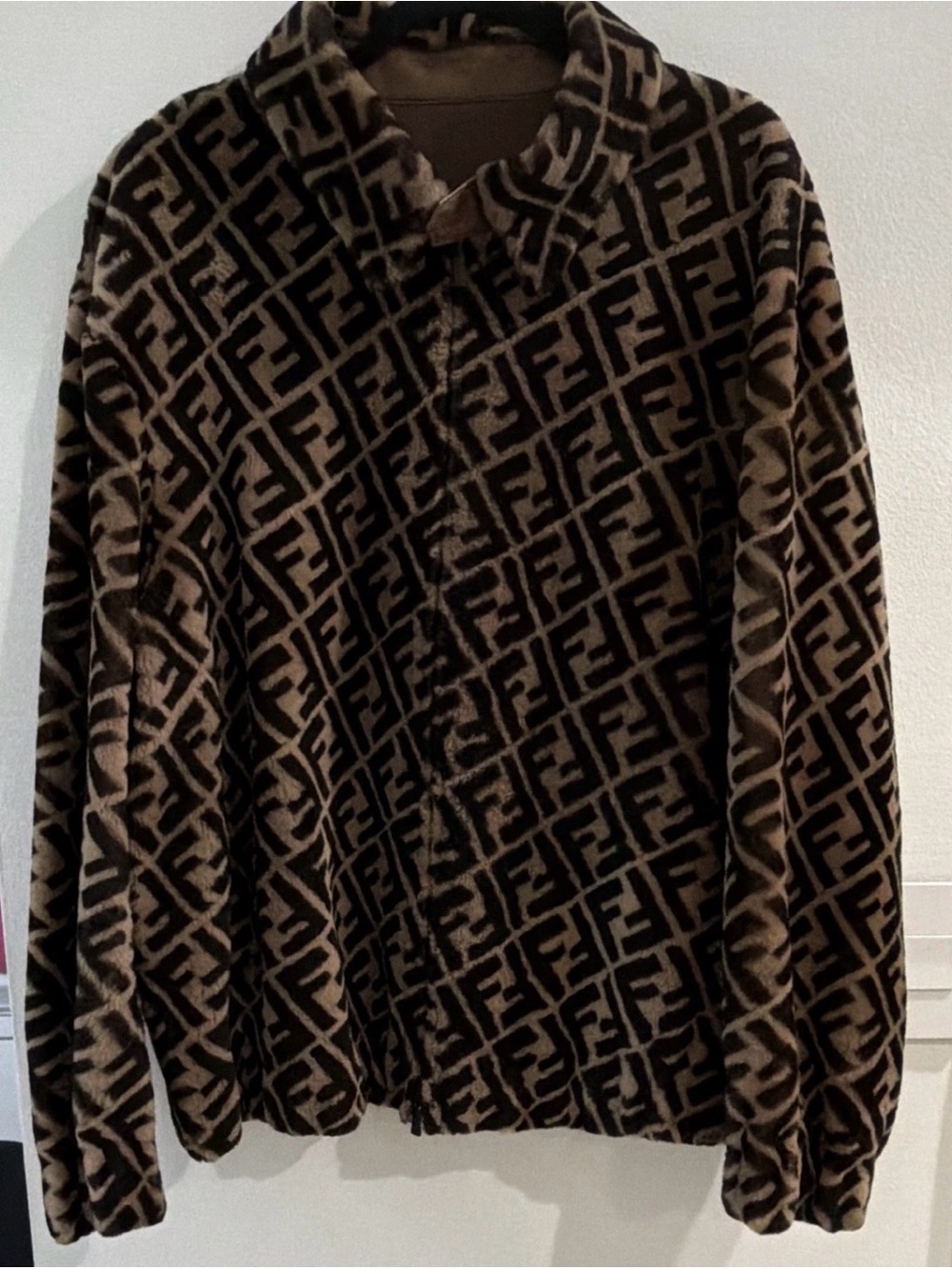 Fendi Monogram Brown & Black Fur Lamb and Leather Bomber Jacket reversible